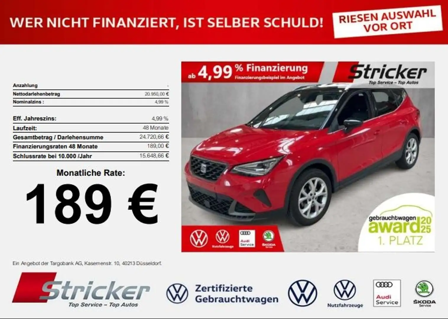 SEAT Arona FR 1.0TSI DSG 189,-ohne Anzahlung ACC Full-LED Rot - 1