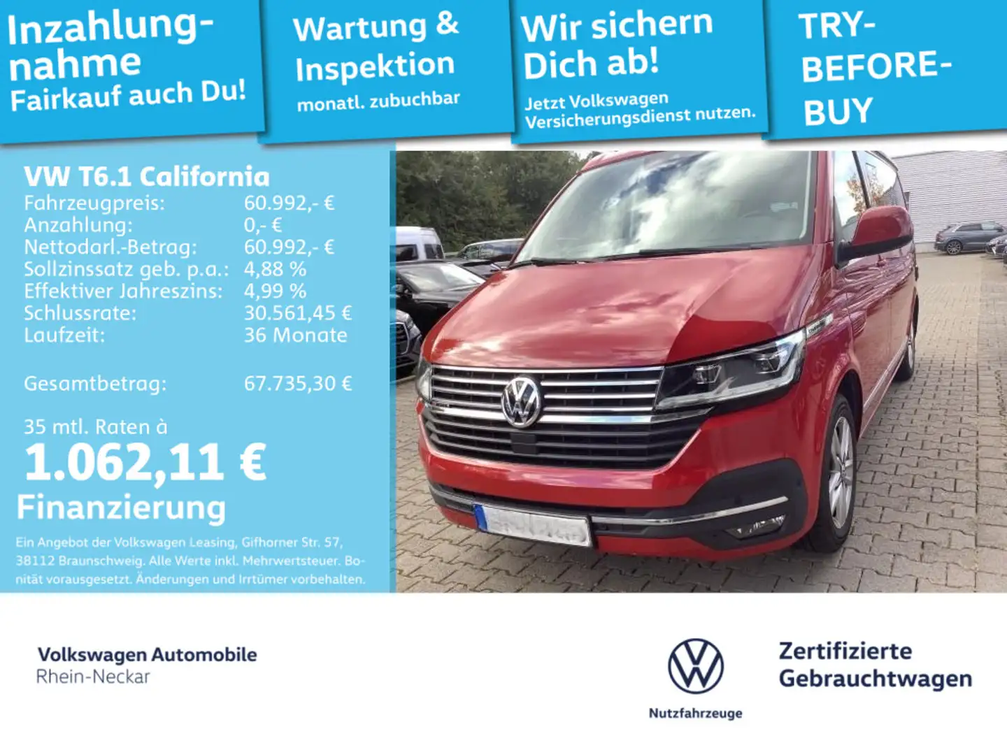 Volkswagen T6.1 California TDI Ocean 4M LED DSG Navi uvm Rot - 1