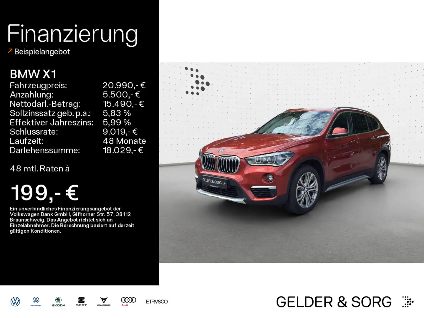 BMW X1 xDrive 20d xLine AHK*RFK*LED*Navi*GRA*SHZ*18Z Orange - 1