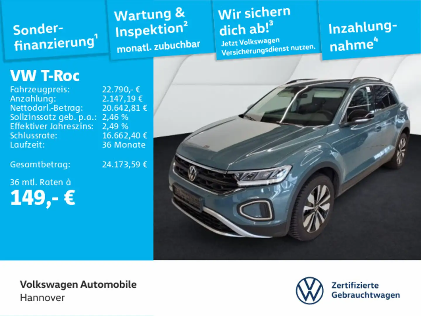 Volkswagen T-Roc 1.0 TSI Goal Navi LED DigCockpit ACC PDC S Blauw - 1