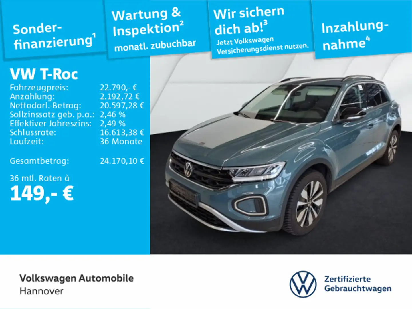 Volkswagen T-Roc 1.0 TSI Goal Navi LED DigCockpit ACC PDC S Bleu - 1
