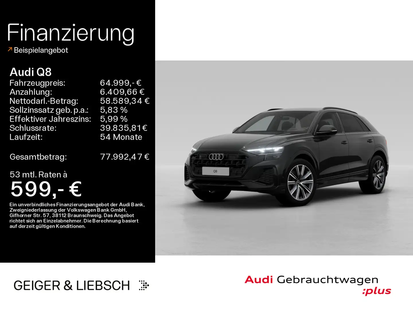 Audi Q8 45 TDI quattro*MATRIX*NAVI*HUD*LUFT*AHK*OPTIK Schwarz - 1