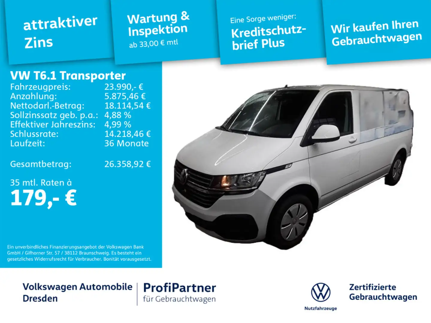 Volkswagen T6.1 Kasten 2,0 TDI KLIMA AHZV PDC FLÜGELTÜREN Blanc - 1