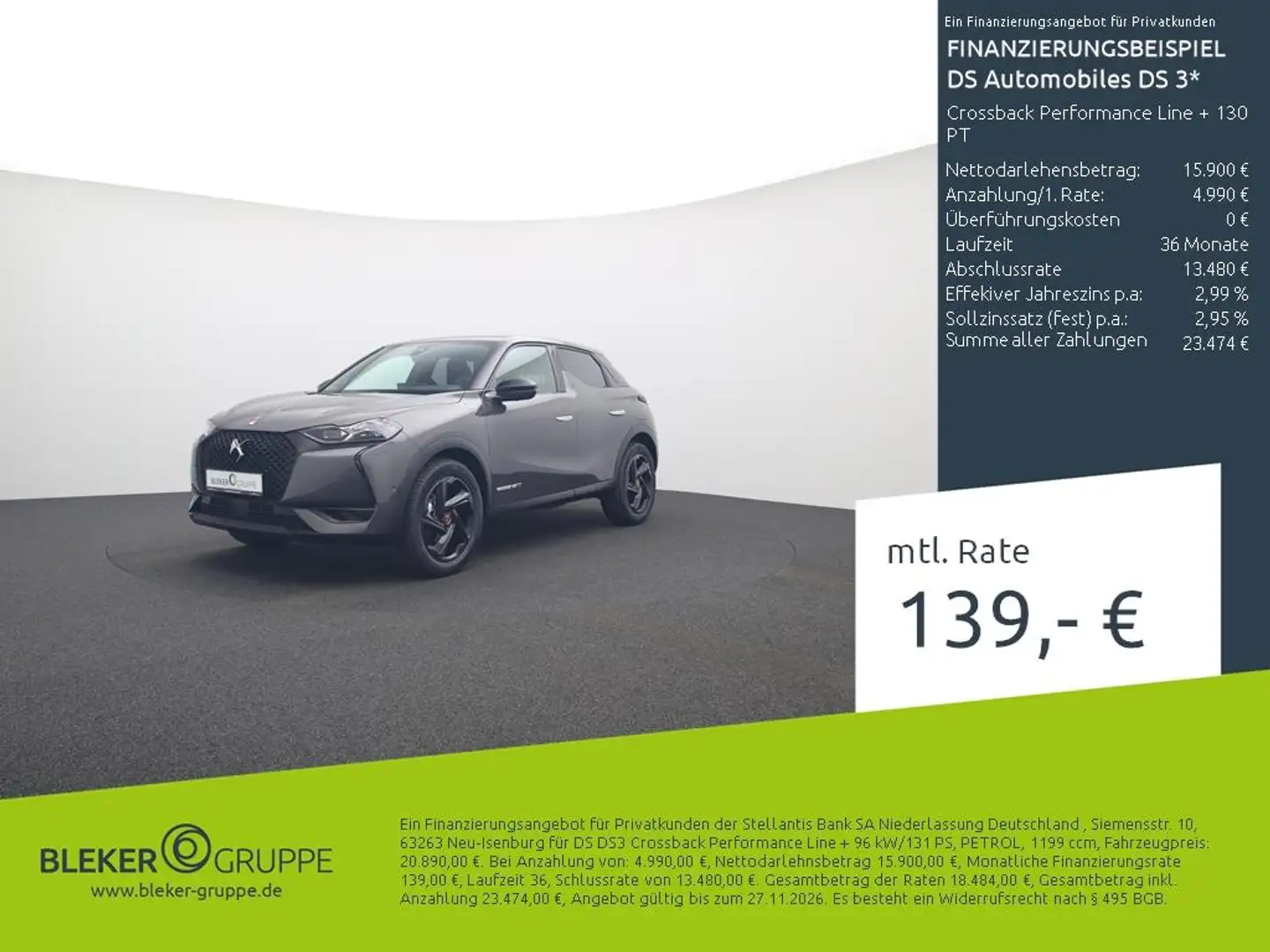 DS Automobiles DS 3 Crossback Performance Line + 130 PT Grau - 1