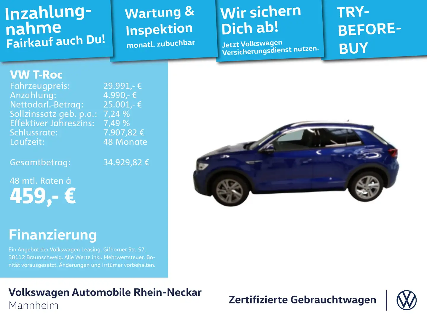 Volkswagen T-Roc TSI R-Line DSG GAR2029 Navi AHK LED-Plus u Blau - 1
