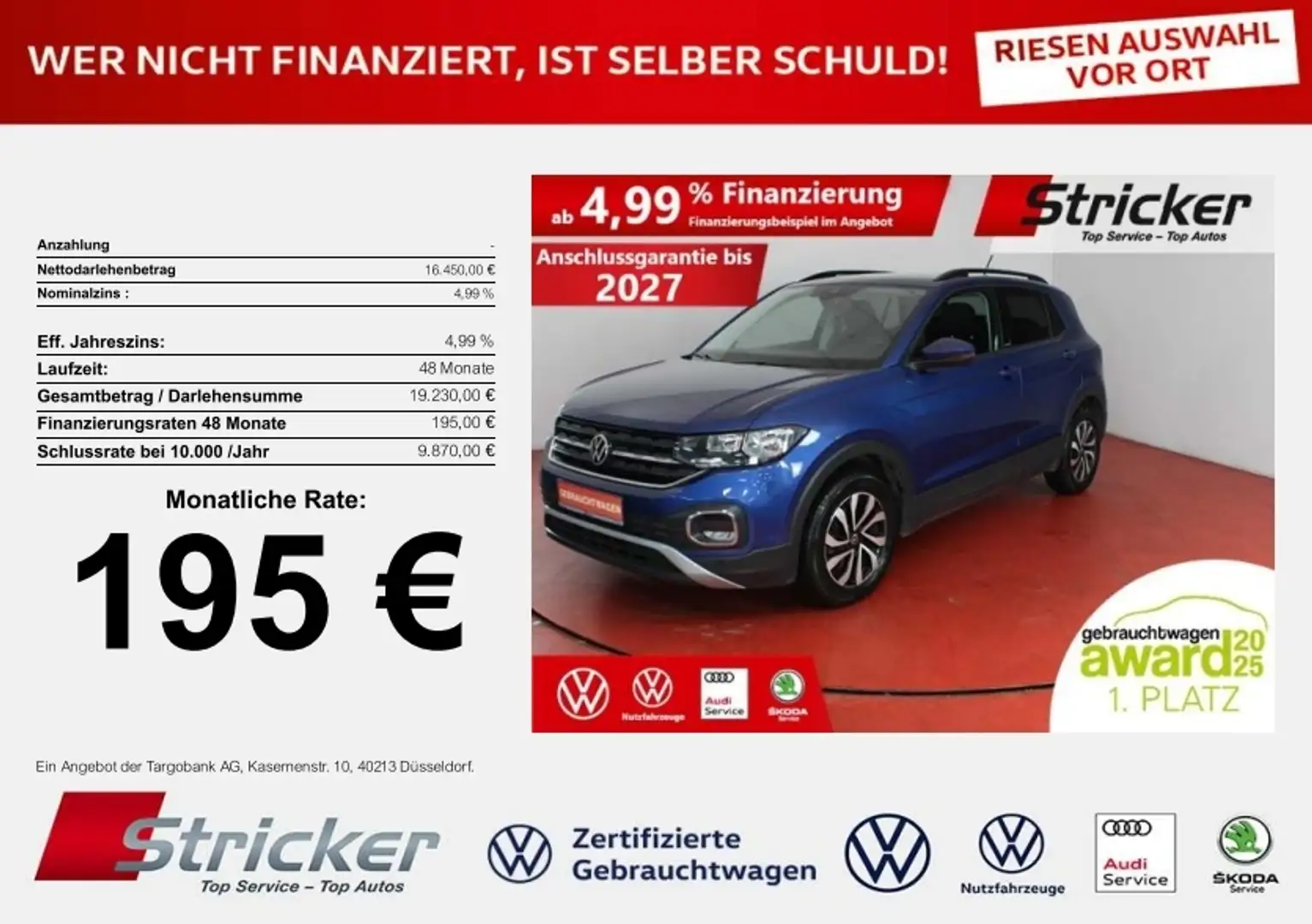 Volkswagen T-Cross Active 1.0 TSI 195,-ohne Anzahlung Navi Sitzheizu Blau - 1