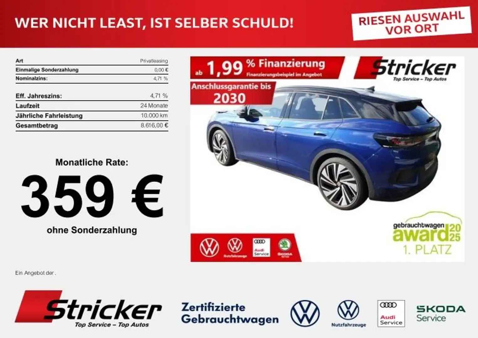Volkswagen ID.4 GTX 250/77 359,-ohne Anzahlung AHK Pano Wärmepump Blau - 1