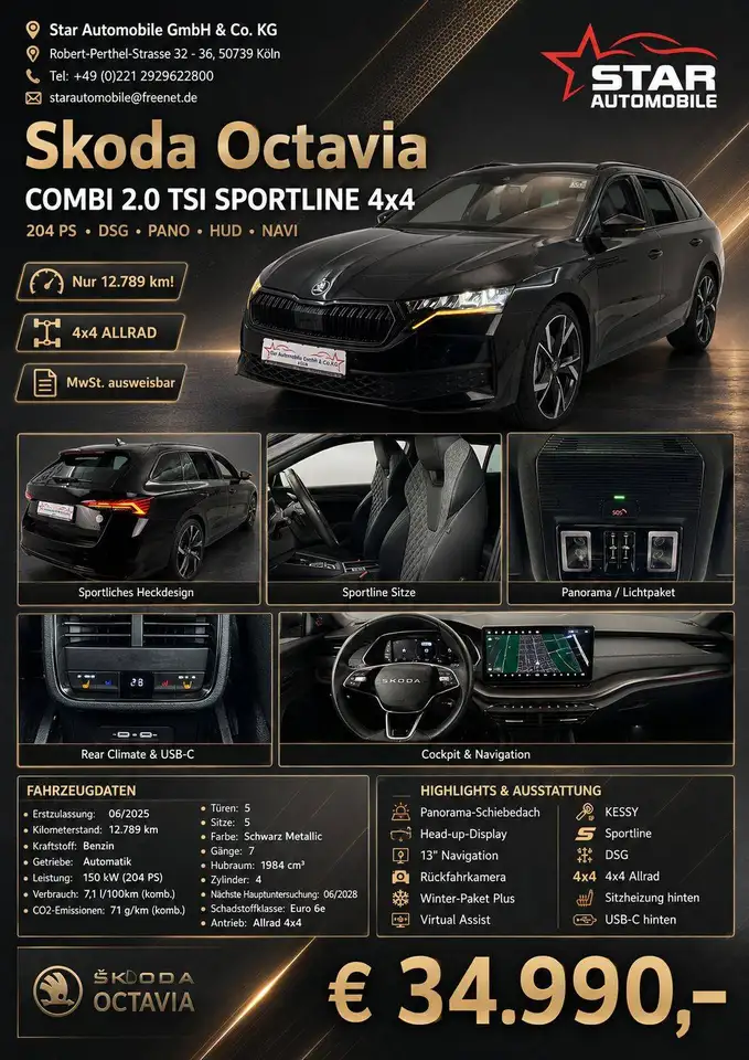 Skoda Octavia COMBI 2.0 TSI SPORTLINE 4x4 204 PS PANORAMA-SCHIEBEDACH HEAD-UP NAVIGATIONSSYSTEM RÜCKFAHRKAMERA WINTER-PAKET Euro 6e, миниатюра 2
