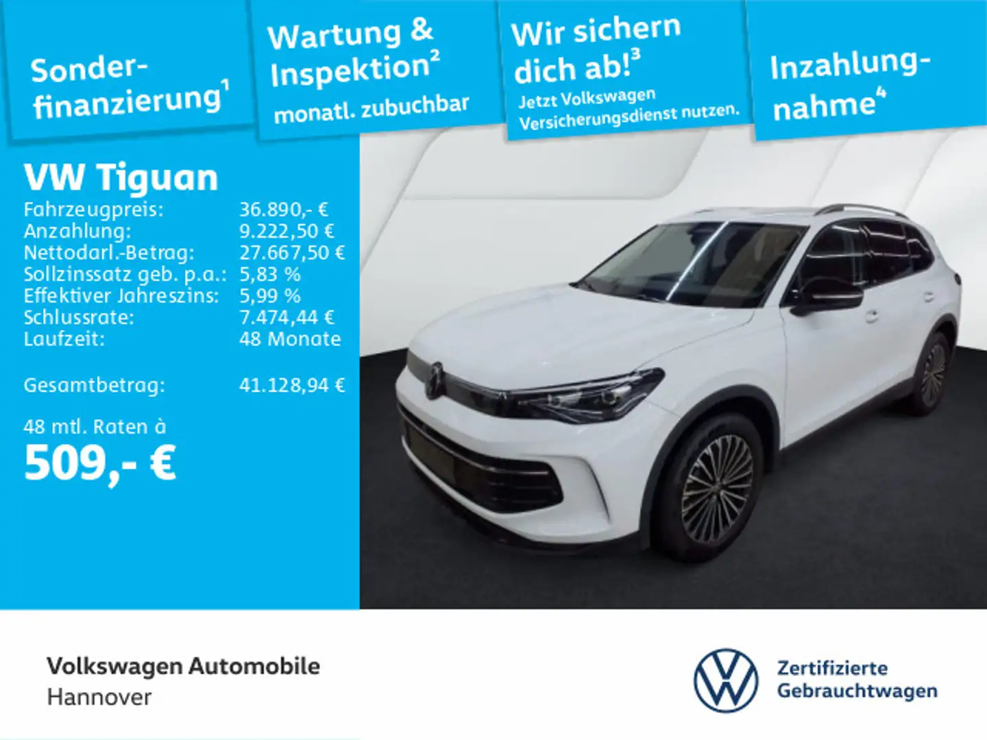 Volkswagen Tiguan 2.0 TDI Goal DSG Navi AHK LED DigCockpit Weiß - 1