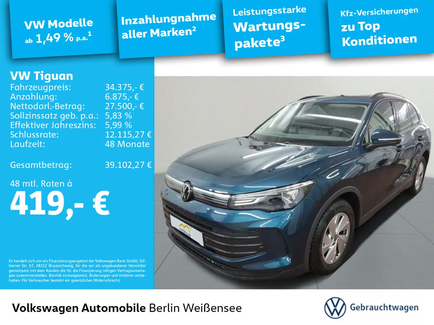 Volkswagen Tiguan 1.5 eTSI*DSG*NAVI*AHK*RFK*LED*APP*DAB Blau - 1