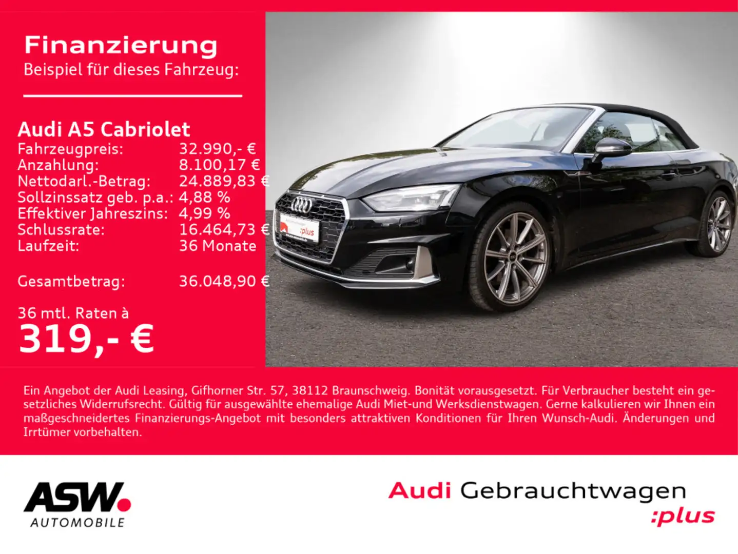 Audi A5 A5 Cabrio advanced 35TFSI Stron Navi LED SHZ PDC Negro - 1