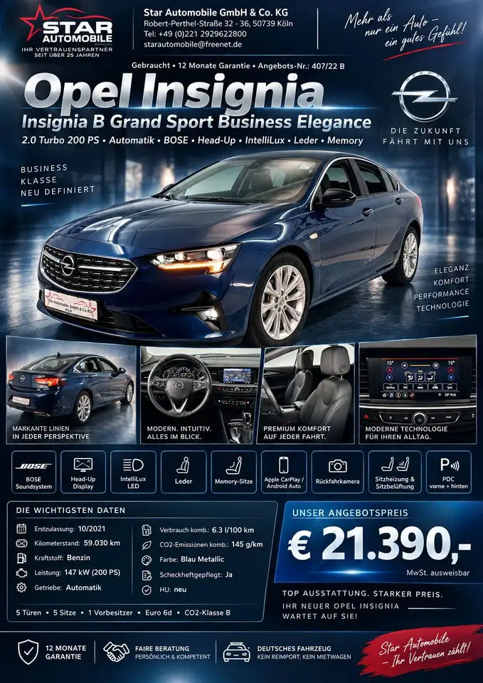 Opel Insignia B Grand Sport Business Elegance 2,0 Turbo 147 kW 200PS BOSE Head-Up IntelliLux Leder, миниатюра 2