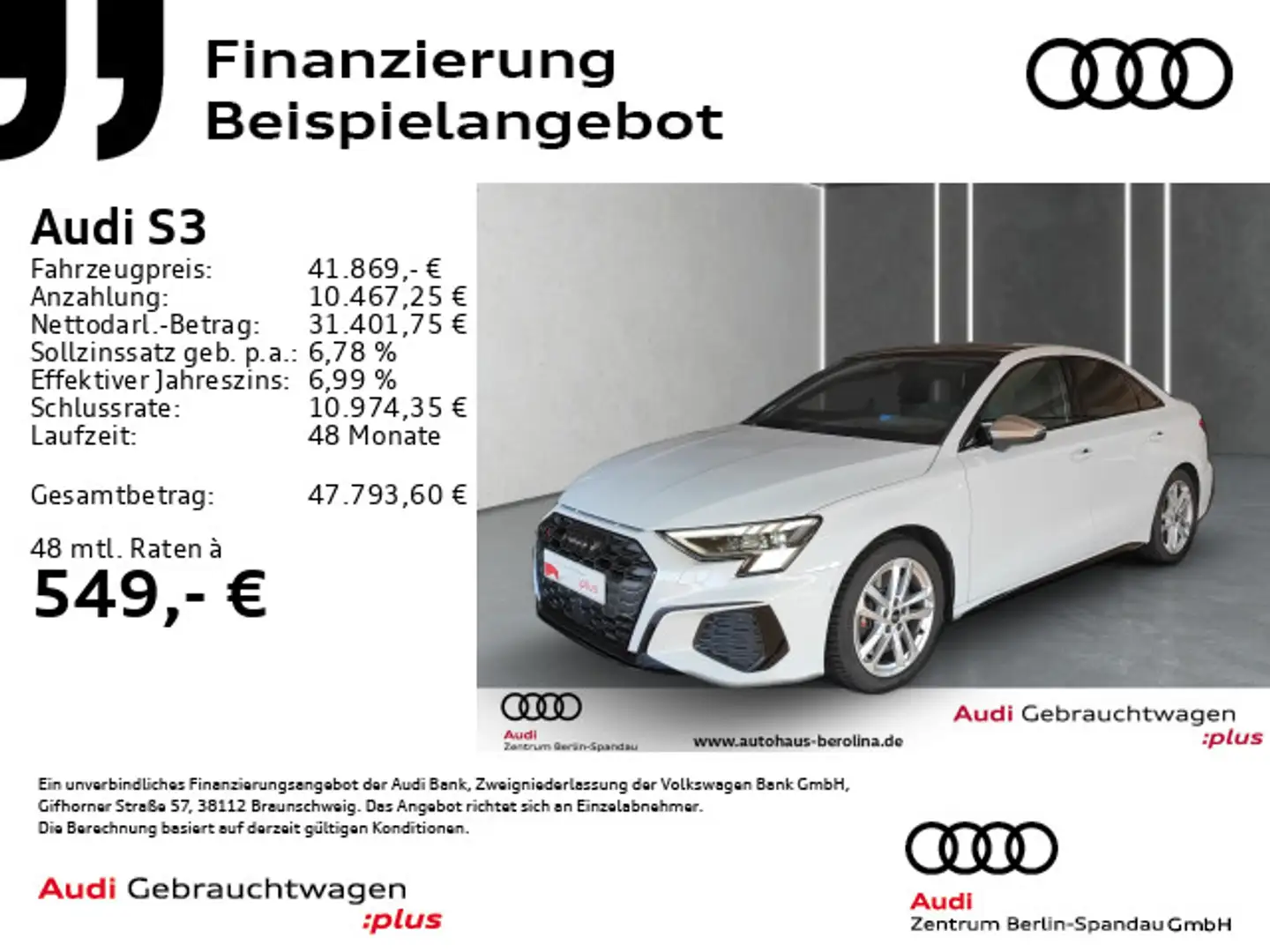 Audi S3 S3 Lim. *PANO*MATRIX*HuD*B&O*Opt.-Schwarz+*NAV+* Weiß - 1