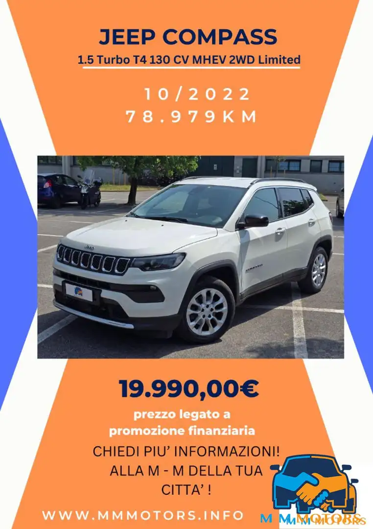 Jeep Compass 1.5 Turbo T4 130 CV MHEV 2WD Limited Bianco - 2