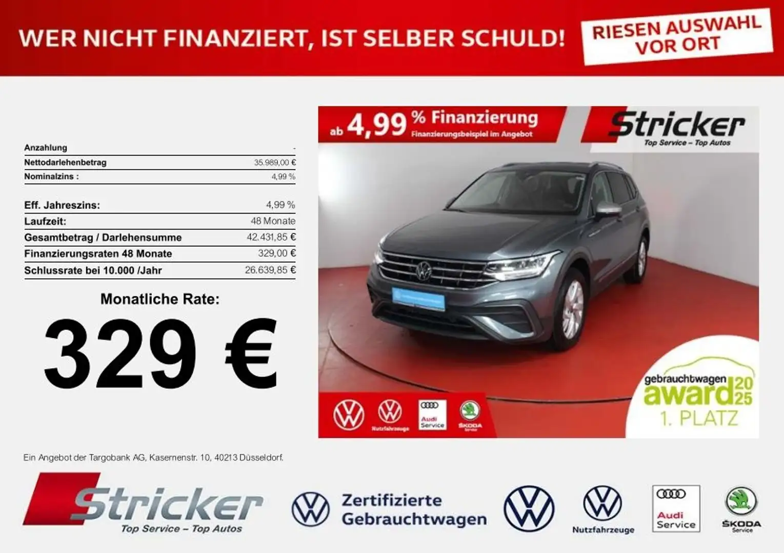 Volkswagen Tiguan Allspace Life 1.5TSI DSG 329,-ohne Anzahlung 7-Sitzer AHK Grau - 1