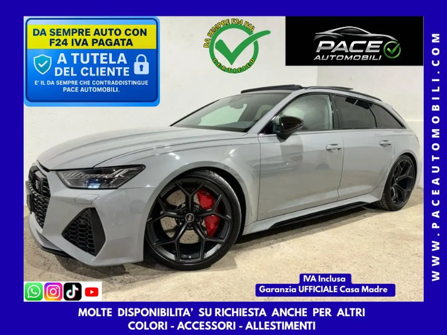 Audi RS6 CARBON TETTO B&O LED PDC KAMERA NAVI PELLE 22" ACC Grigio - 1