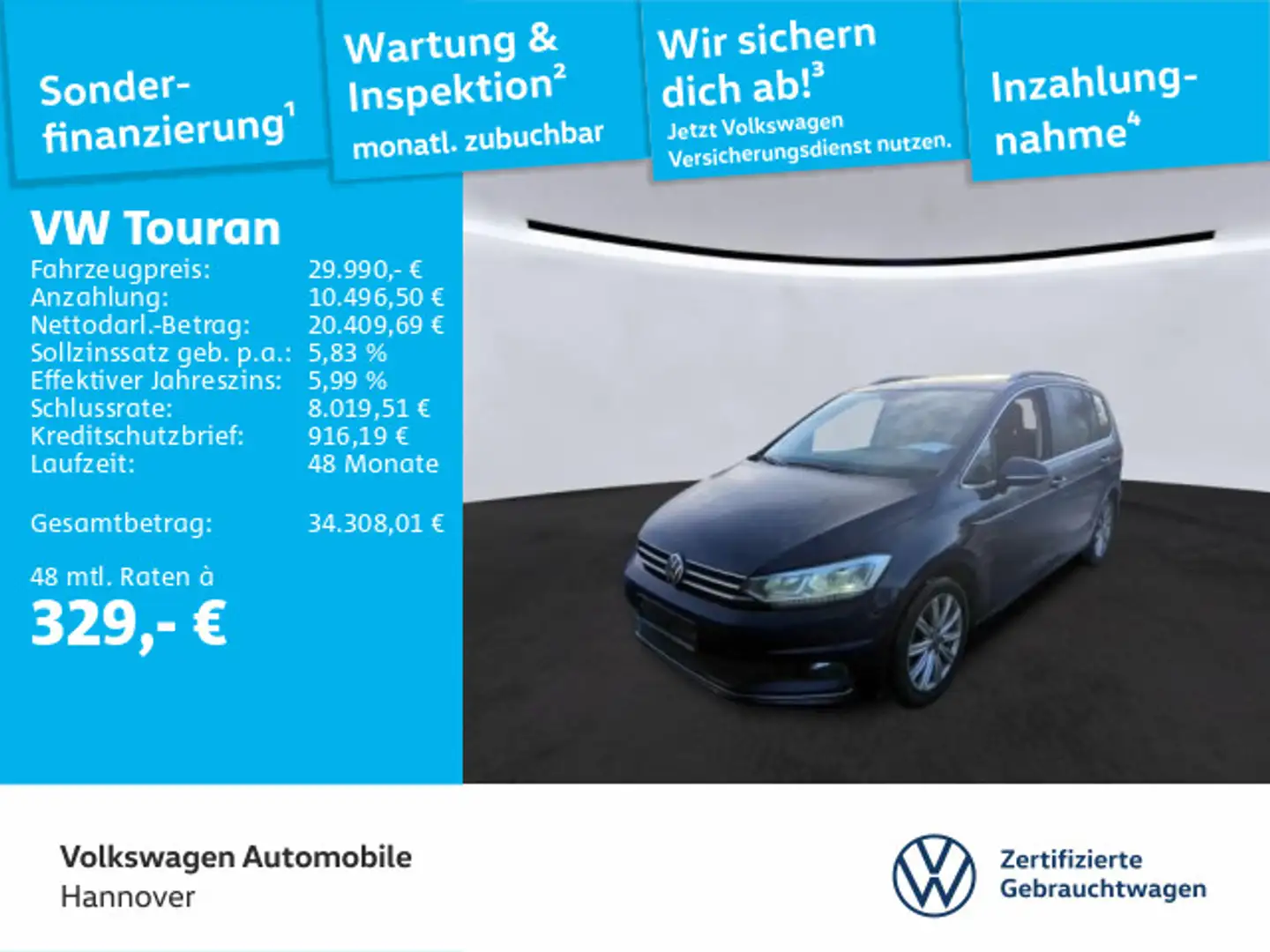 Volkswagen Touran 1.5 TSI Highline AHK LED ACC Kamera Pano Blau - 1
