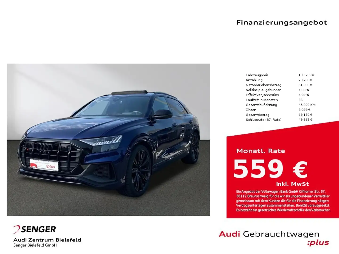 Audi SQ8 4.0 TFSI quattro Matrix-LED Panorama AHK Bleu - 1