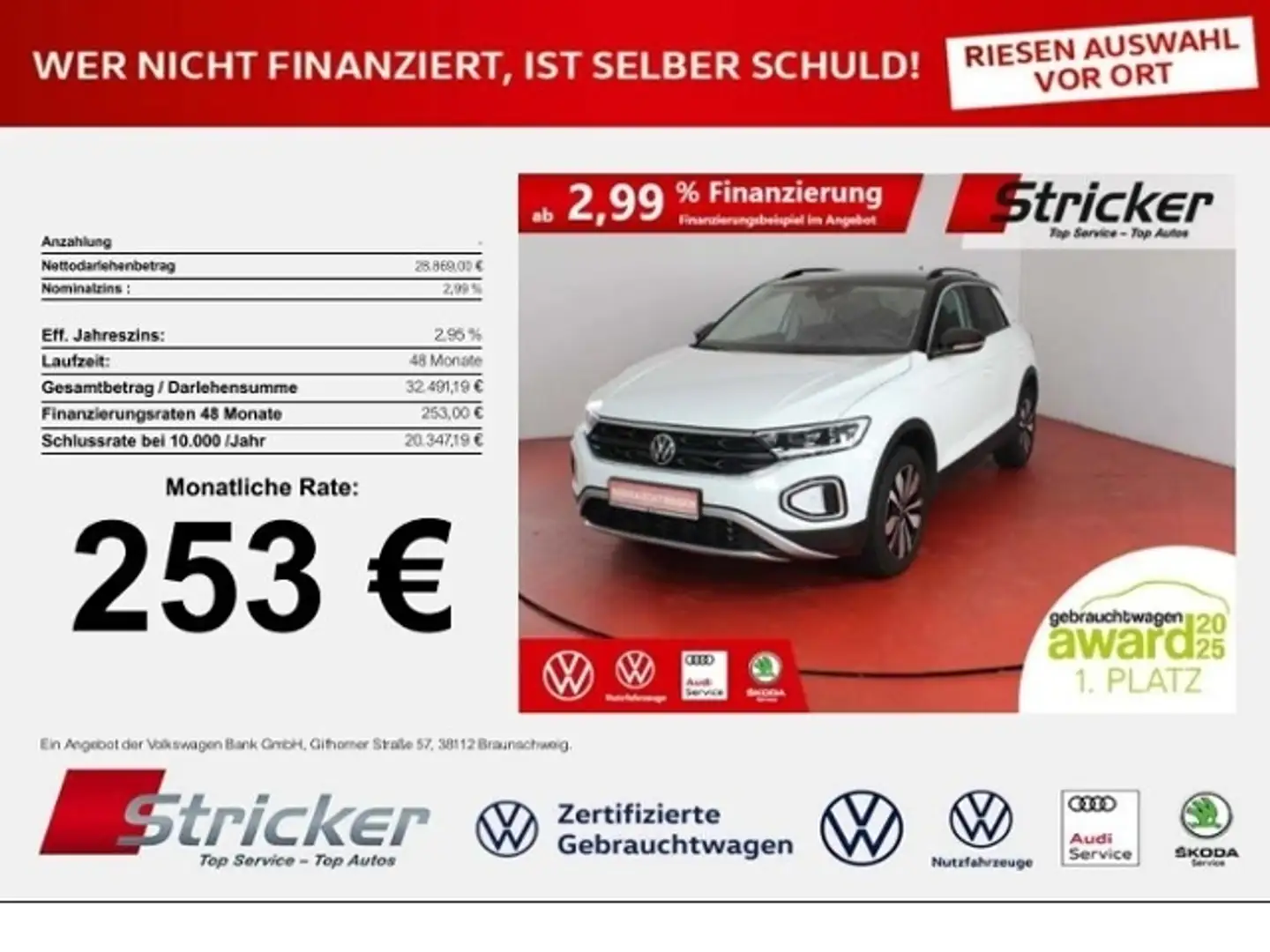 Volkswagen T-Roc Goal 2.0TDI DSG 253,-ohne Anzahlung Navi AHK Kame Weiß - 1