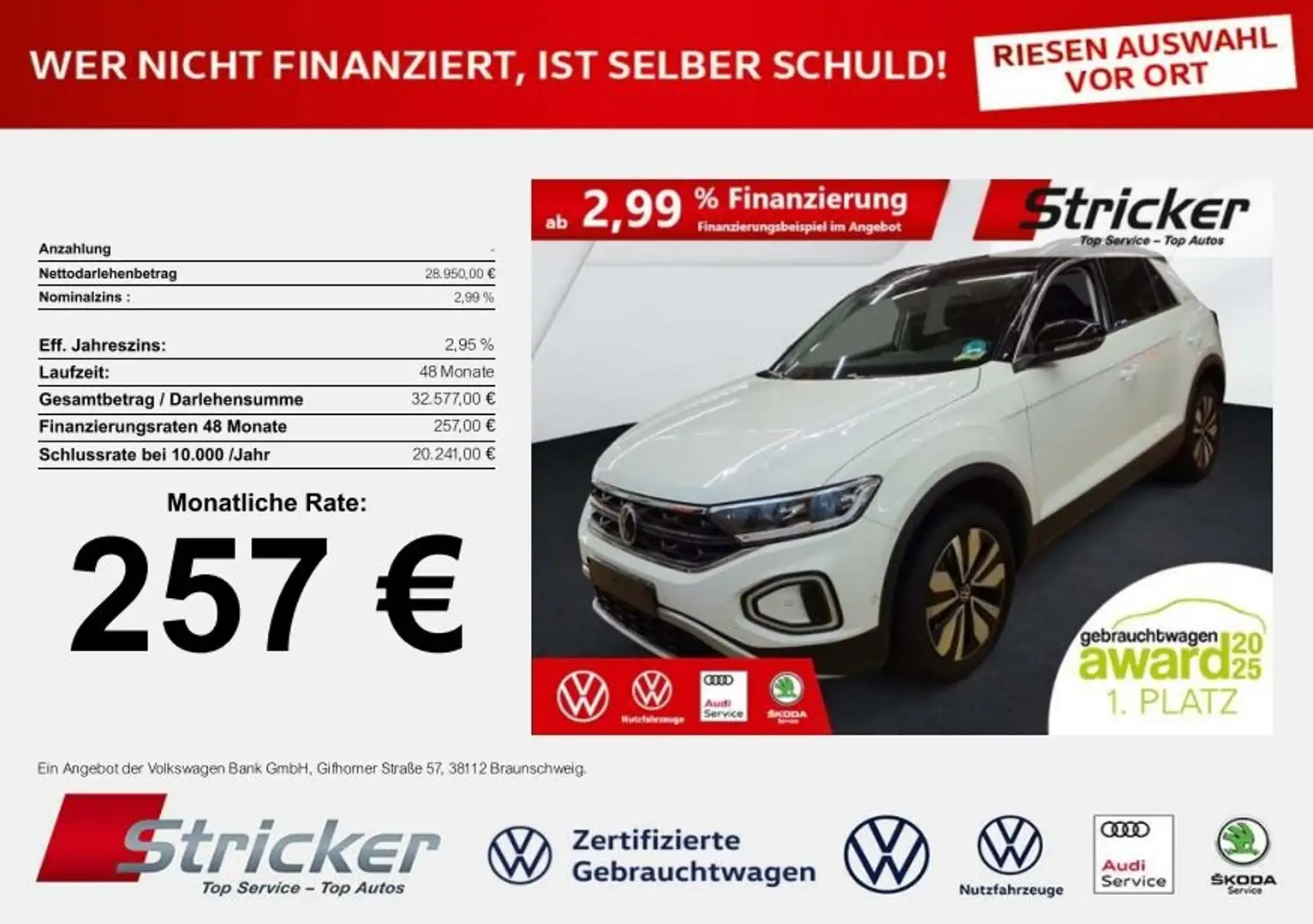 Volkswagen T-Roc Goal 2.0TDI DSG 257,-ohne Anzahlung Navi AHK Kame Weiß - 1