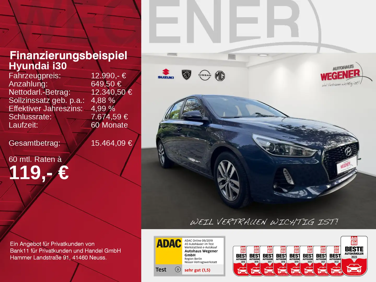Hyundai i30 TREND 1.4 T-GDI *PDC*SHZ*NAVI*LHZ* Bleu - 2