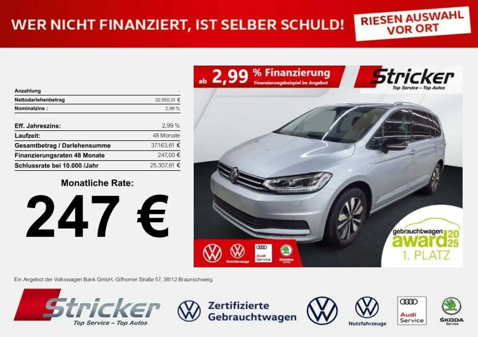Volkswagen Touran Goal 1.5TSI DSG 247,-ohne Anzahlung 7-Sitzer AHK Silber - 2