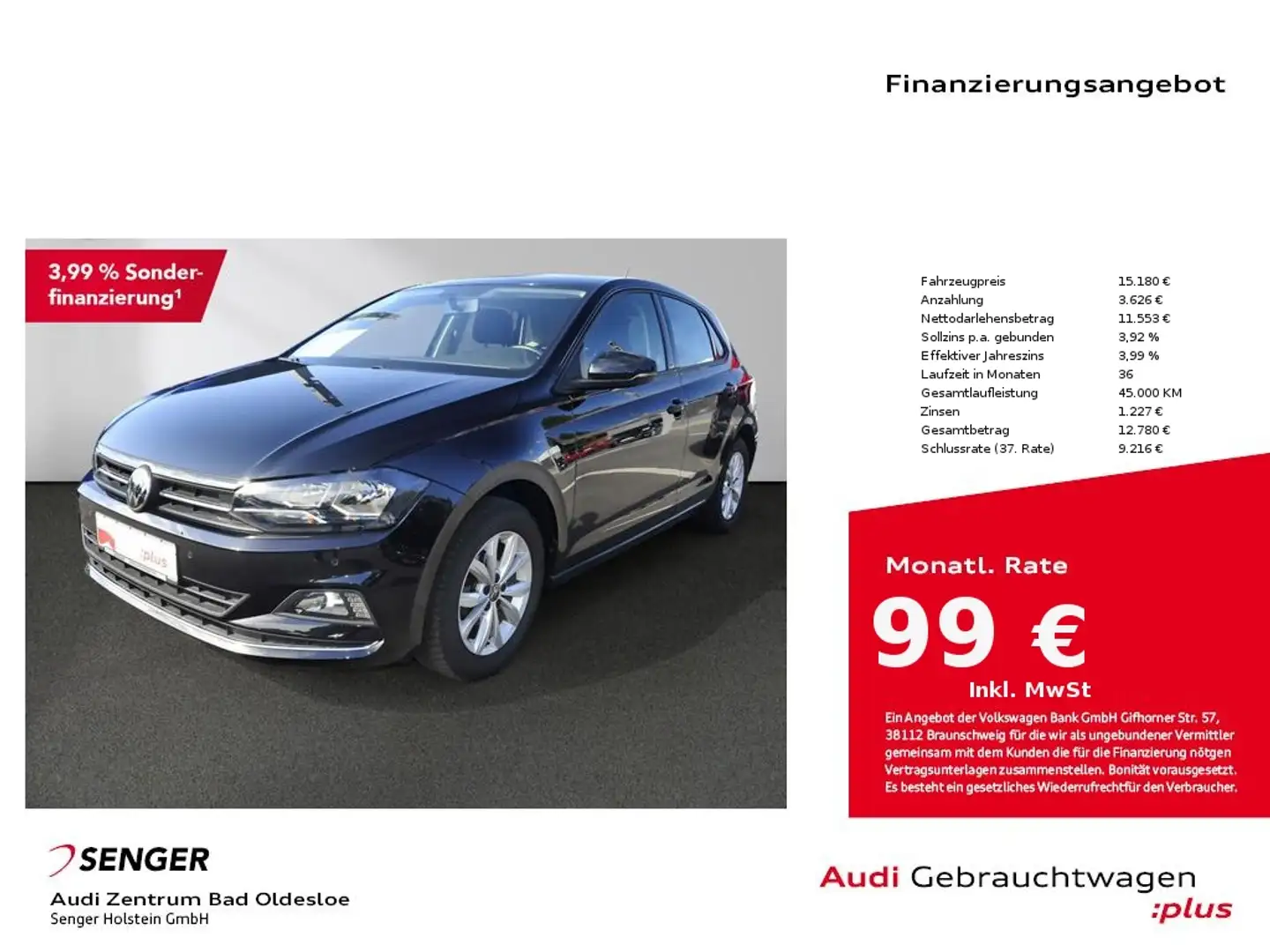 Volkswagen Polo 1.0 TSI Highline Komfort-Sitze Bluetooth Schwarz - 1