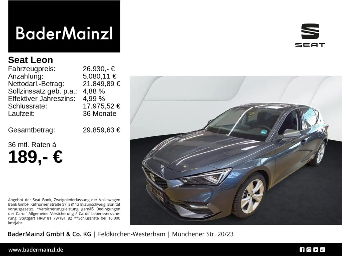 SEAT Leon 1.5 eTSI DSG FR Navi Kam. SHZ Matrix ACC Grau - 1