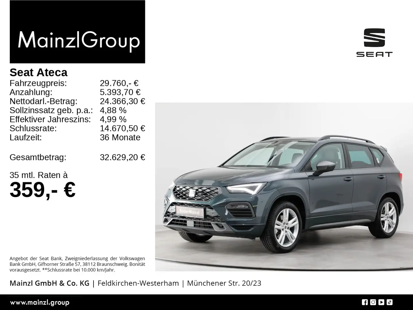 SEAT Ateca 2.0 TDI 4D DSG FR AHK Pano AHK Beats Kam. Grün - 1