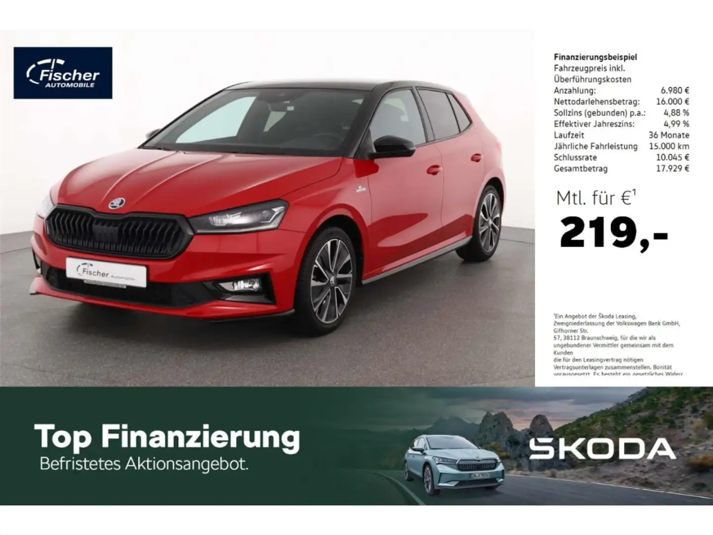 Skoda Fabia 1.0 TSI Monte Carlo DSG P-Dach/LED/NAV/RFK Rot - 1