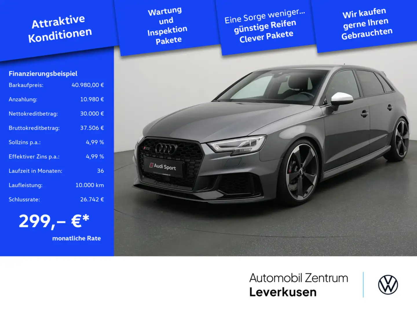 Audi RS3 Sportback 280 KMH MATRIX B&O LEDER NAVI A Grau - 1