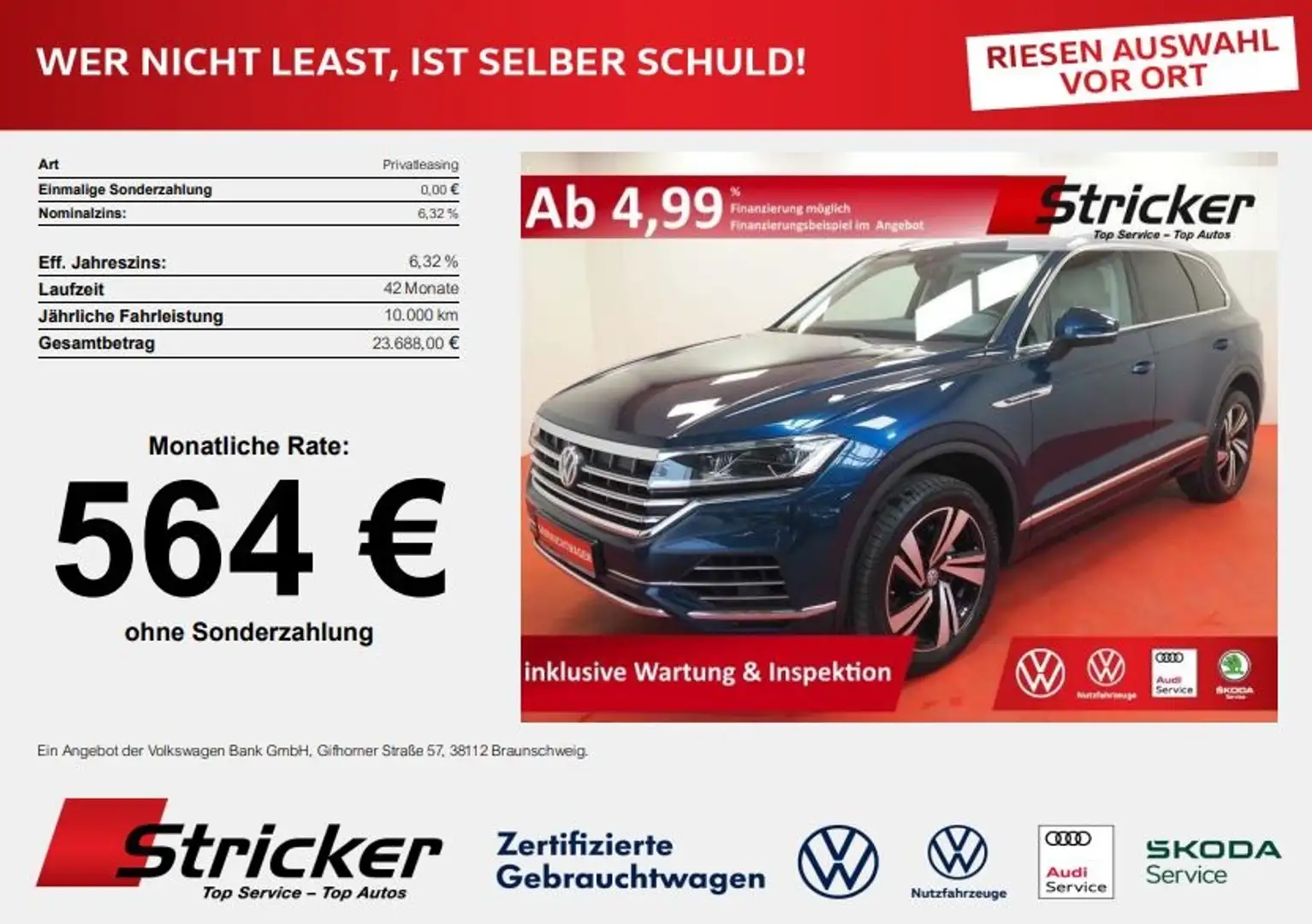 Volkswagen Touareg °°Elegance 3.0TDI 564,-ohne Anzahlung AHK Standh. Blue - 1