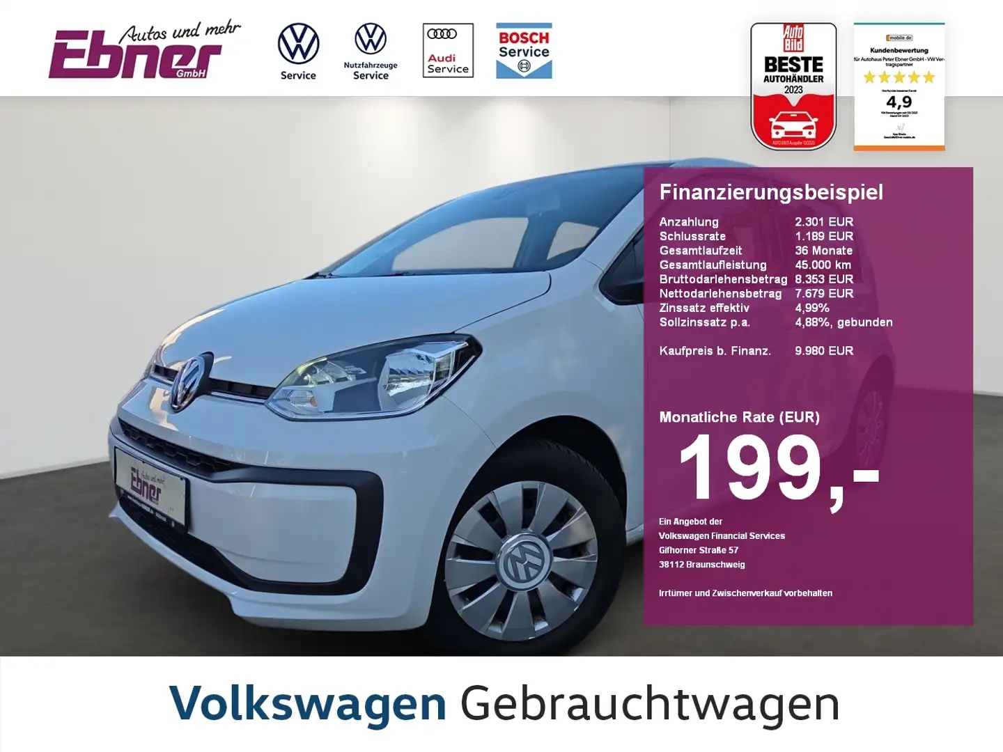Volkswagen up! MOVE UP! 4-TÜRER 1.0 KLIMA+GRA+PDC+BLUETOOTH+ZV-FU Blanc - 1