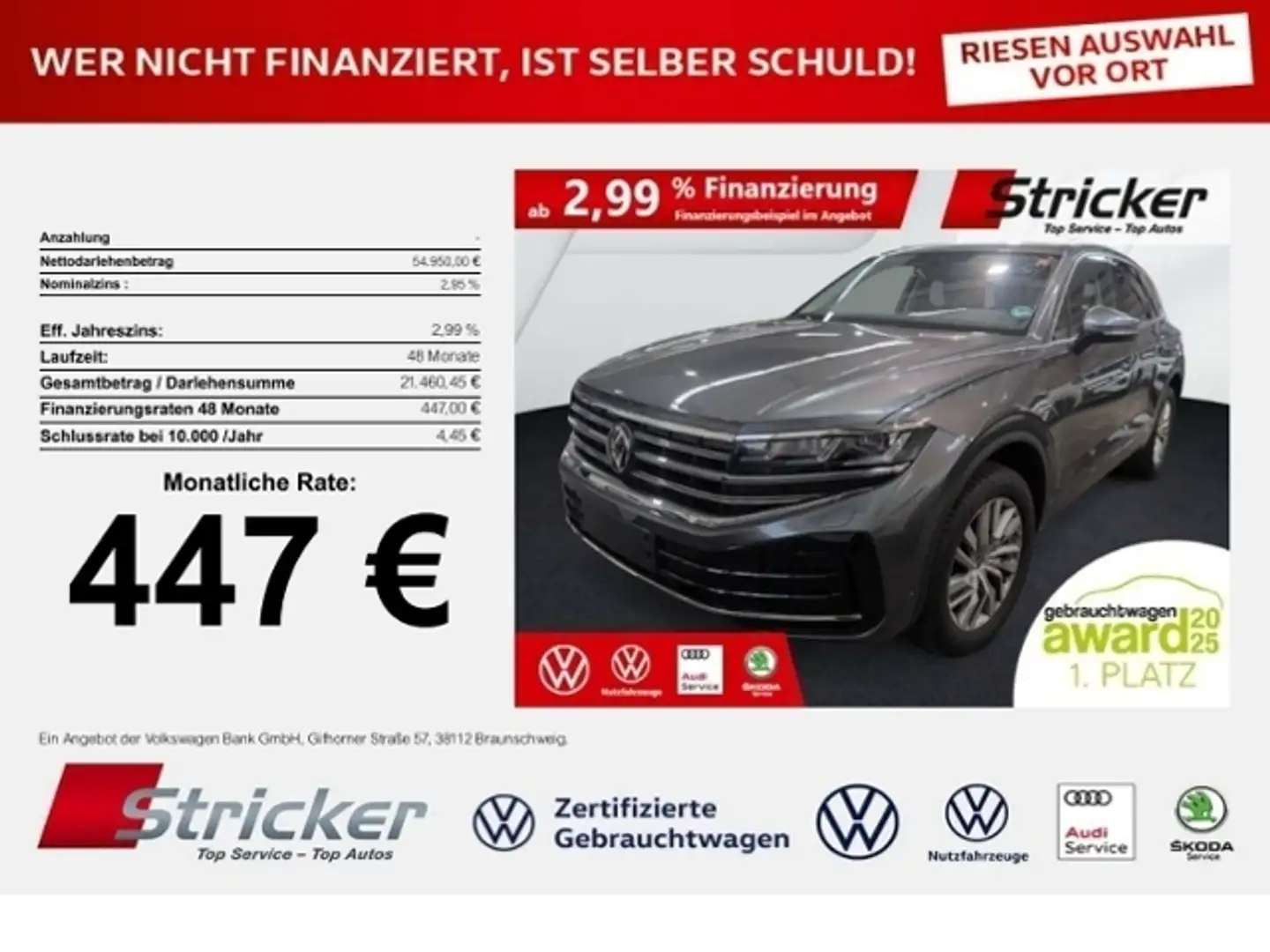 Volkswagen Touareg Elegance 3.0TDI 447,-ohne Anzahlung AHK Luft App- Grau - 1