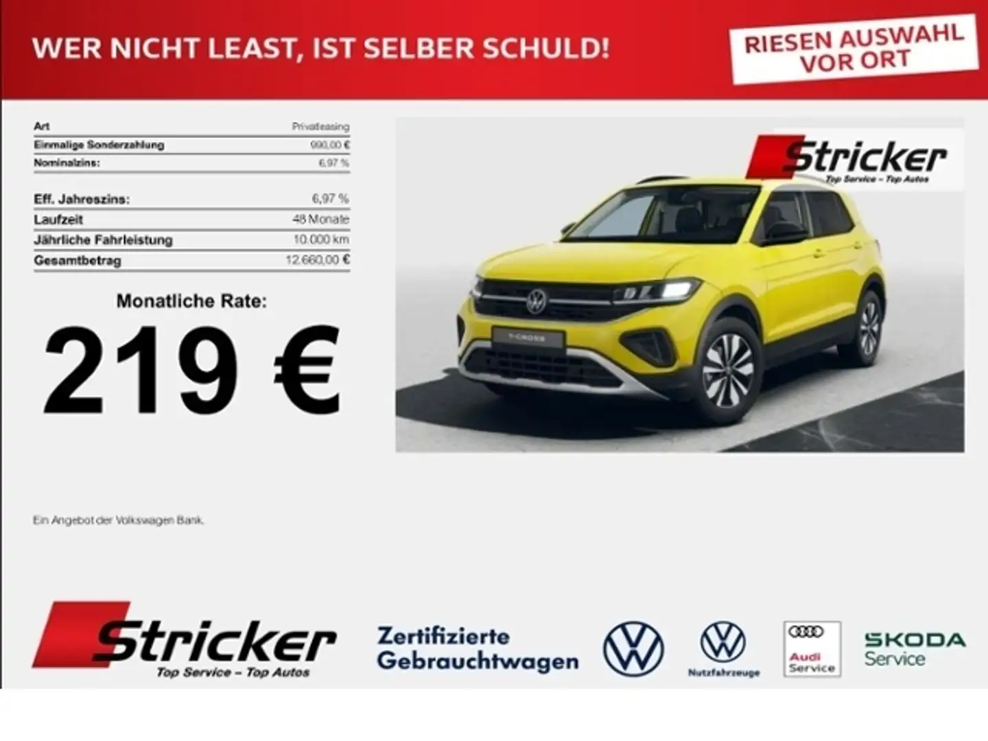 Volkswagen T-Cross GOAL 1.0 l TSI 95 PS 219,- mtl. SH APP ACC Gelb - 1