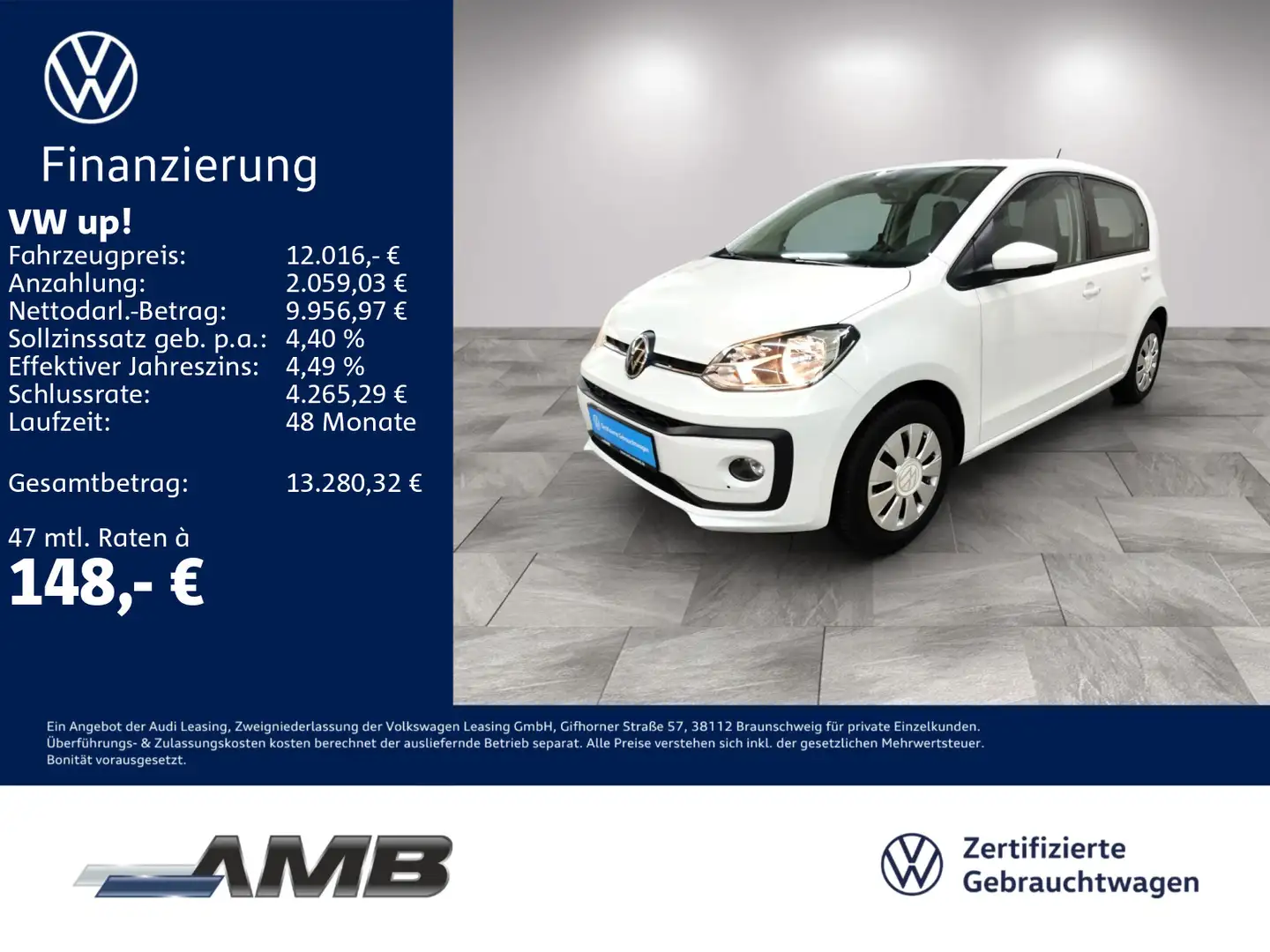 Volkswagen up! 1.0 Navi/Sitzhzg/Climatronic/4Türen Weiß - 1
