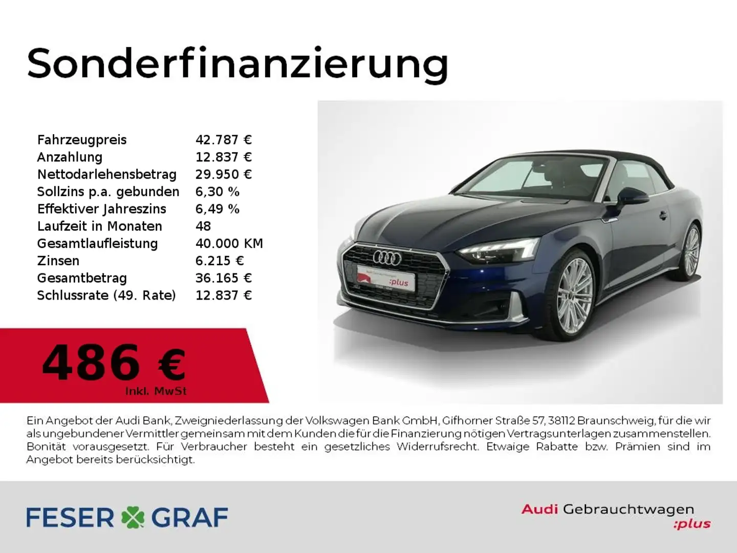 Audi A5 Cabriolet 35 TFSI Matrix/Leder/AHK/R-Kamera/ Blau - 1