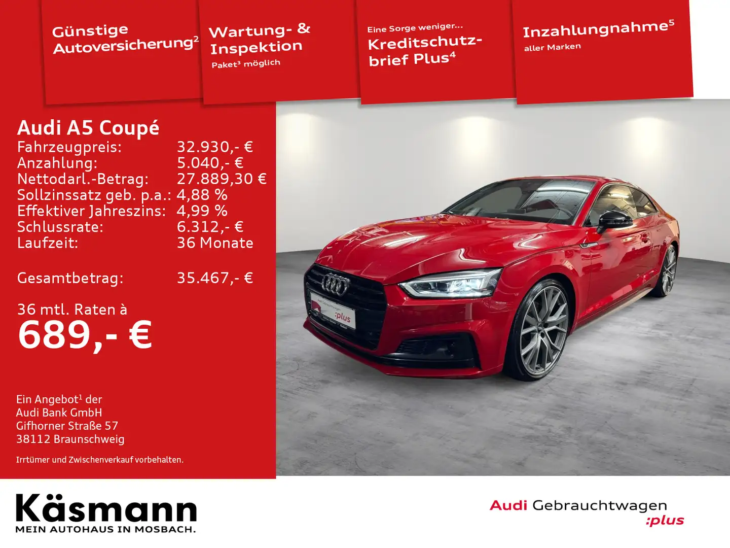 Audi A5 A5 Coupe 40TFSI sport S line NAVI ACC VIRTUAL Красный - 1