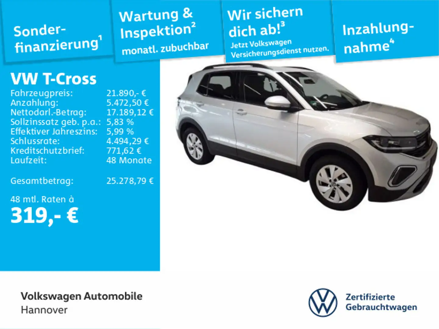 Volkswagen T-Cross 1.0 TSI Life Navi LED DigCockpit PDC ACC Silber - 1