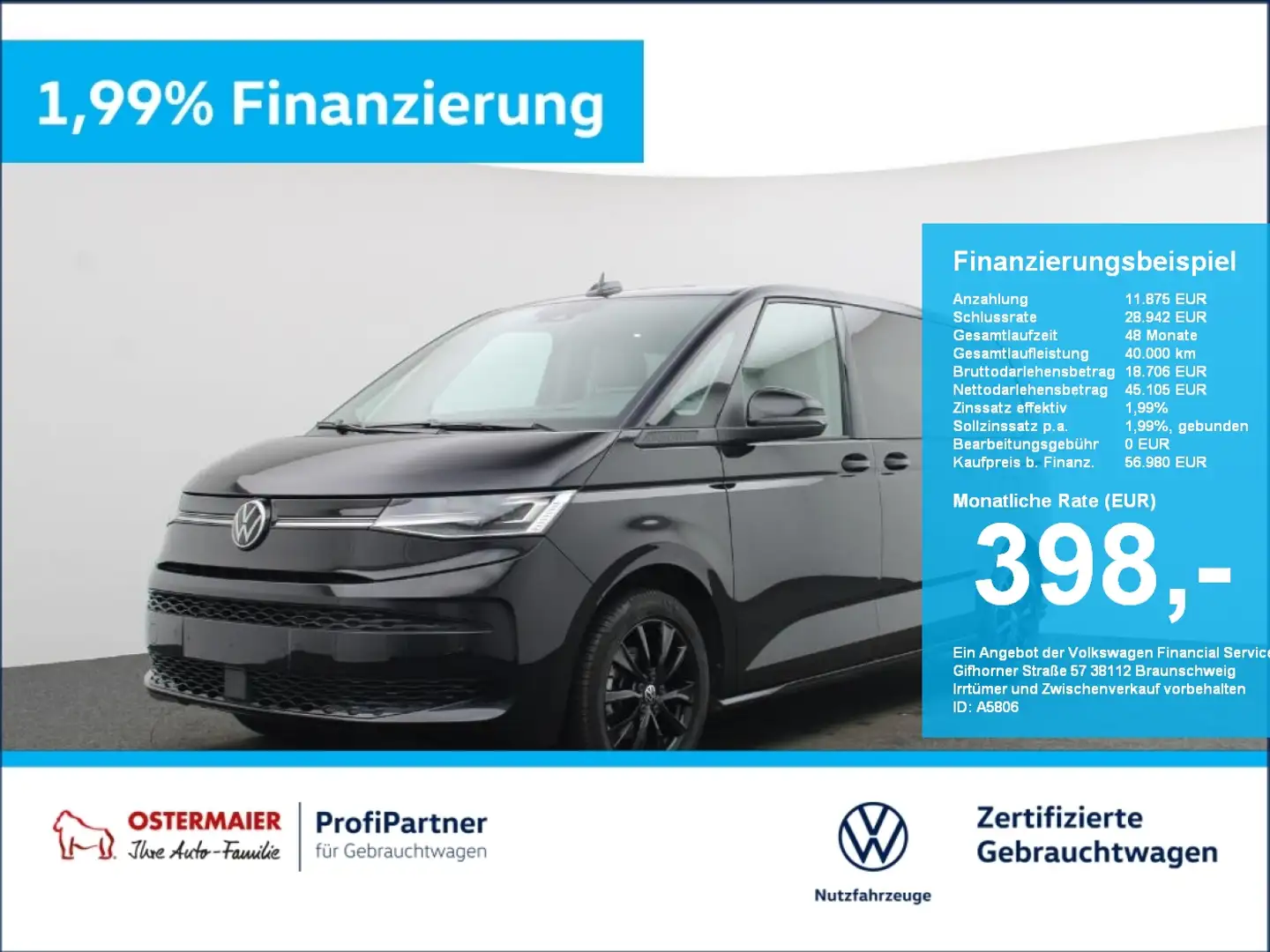 Volkswagen T7 Multivan LIFE 2.0TDI 150PS DSG MATRIX.7-S.AHK.HuD.NAVI.SHZG Schwarz - 1