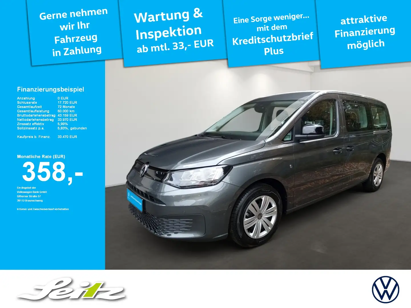 Volkswagen Caddy Maxi 2.0 TDI DSG Maxi Rückfahrkamera. Einparkhilfe Grijs - 1