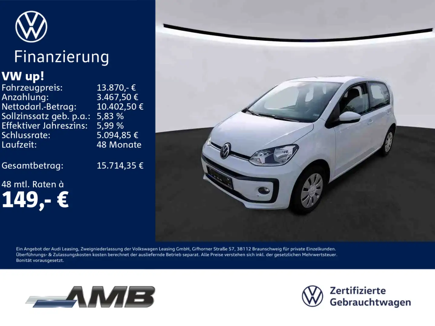 Volkswagen up! 1.0 Navi/Sitzhz/Climatronic/RFKam/PDC/4Türen Weiß - 1