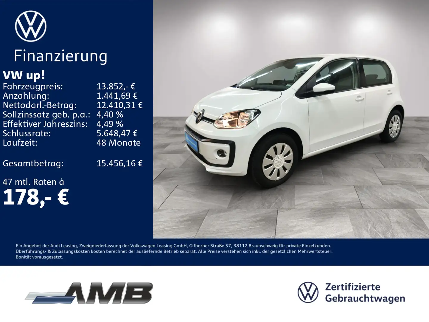 Volkswagen up! 1.0 Navi/Sitzhz/Climatronic/RFKam/PDC/4Türen Weiß - 1