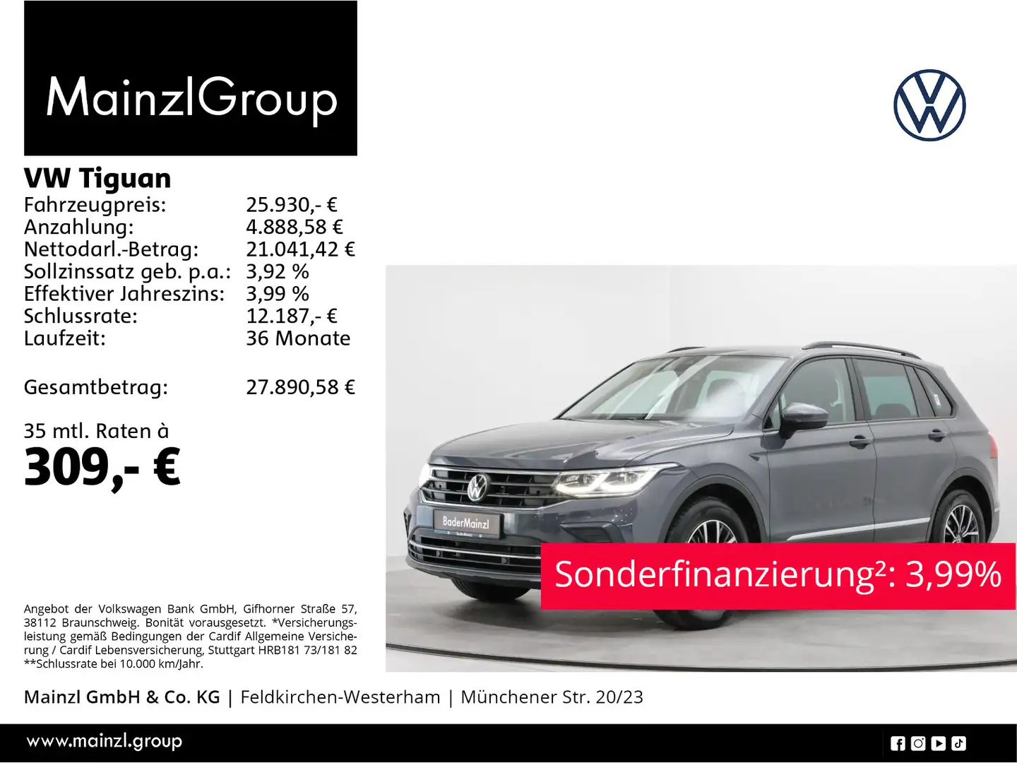 Volkswagen Tiguan 2.0 TDI Life Stdhz ACC Matrix Carplay SHZ Grau - 1