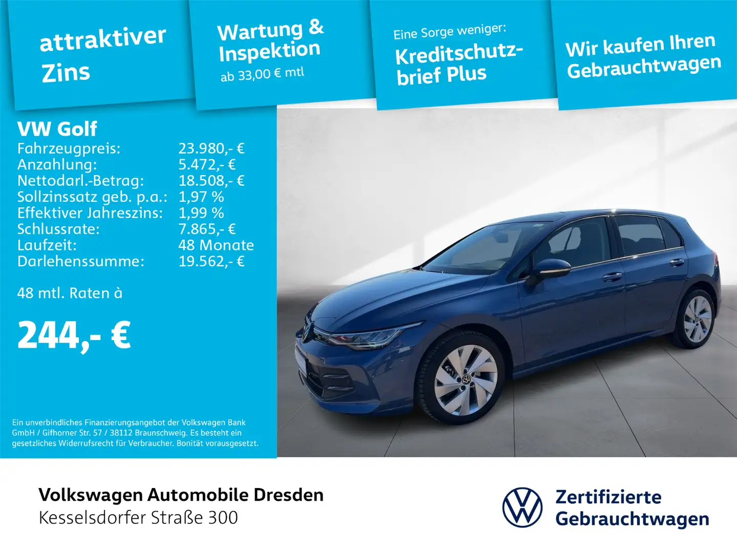 Volkswagen Golf VIII 1.5 TSI Life AHZV LED DAB Bleu - 1