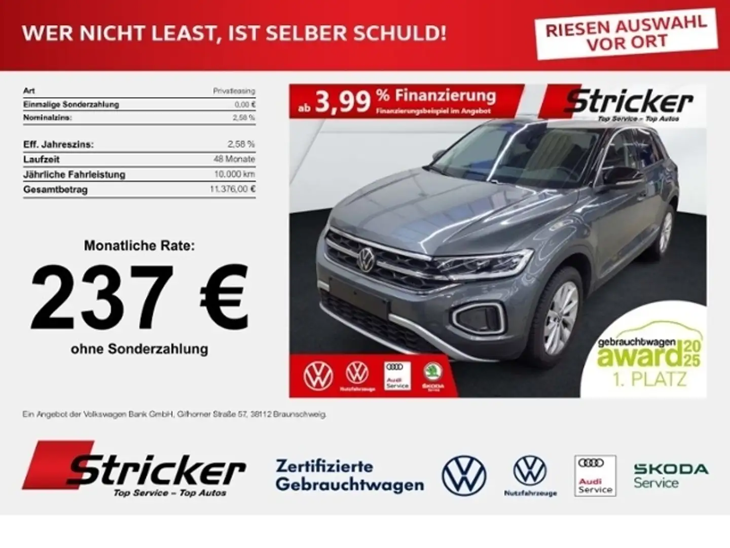 Volkswagen T-Roc Style 1.5TSI DSG 237,-ohne Anzahlung AHK ACC Navi Grau - 1