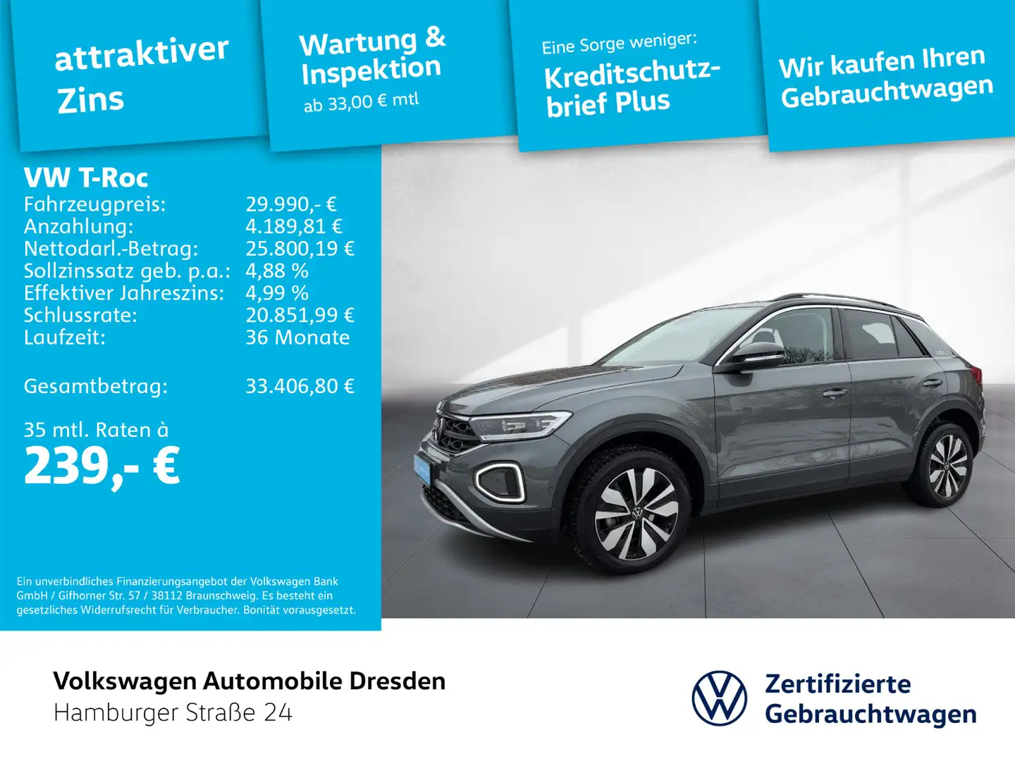 Volkswagen T-Roc GOAL 1.5 TSI LED AHZV APP PDC TRAVEL Grau - 1