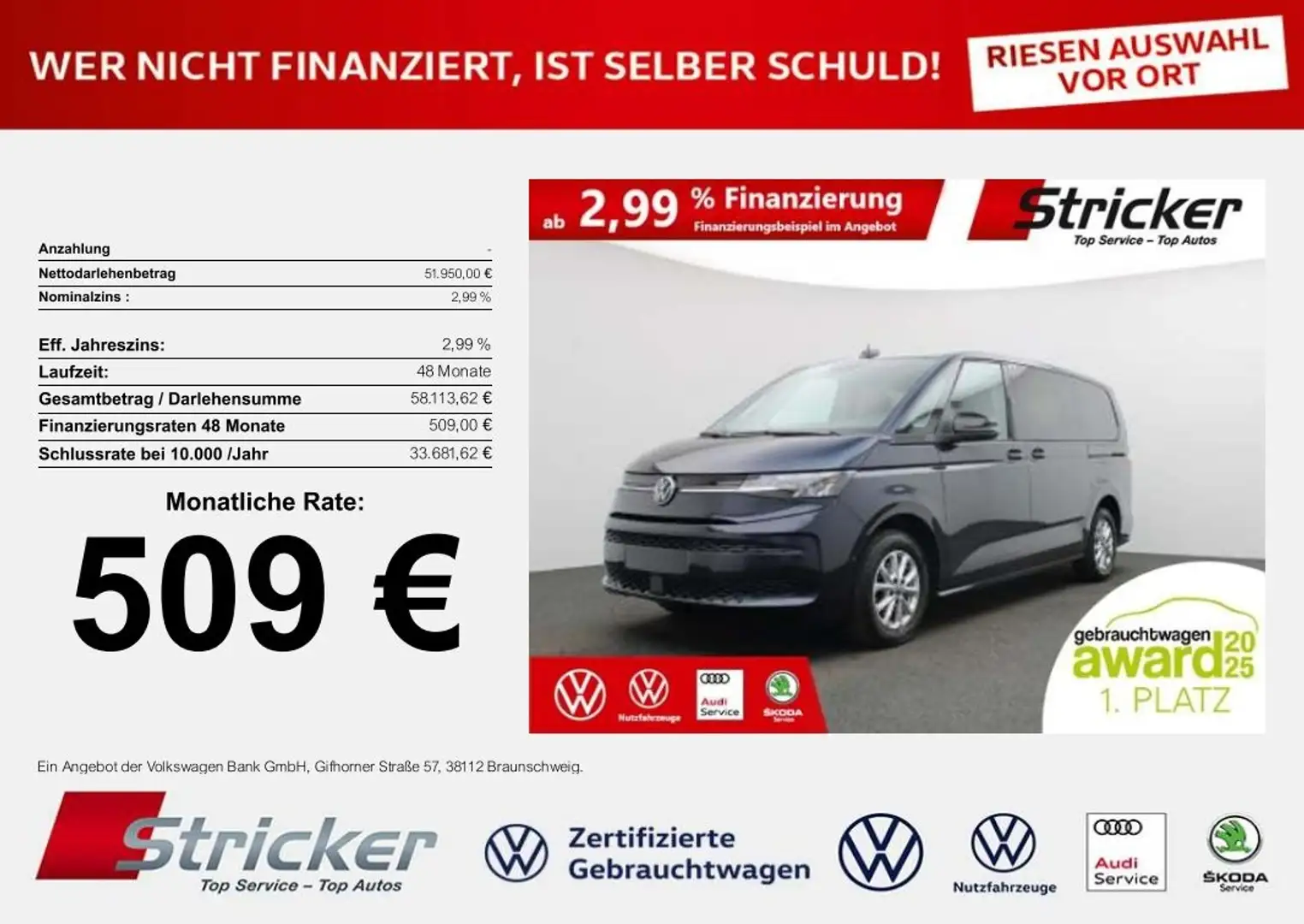 Volkswagen T7 Multivan Life lang 2.0TDI DSG 509,-ohne Anzahlung 7-Sitzer Blau - 2