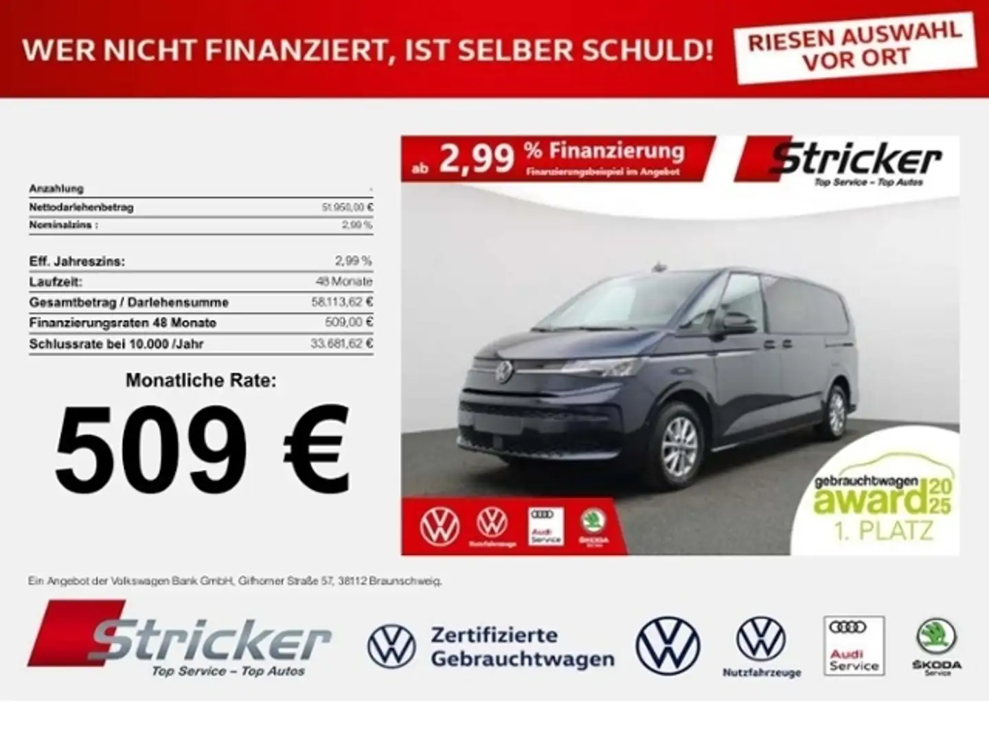 Volkswagen T7 Multivan Life lang 2.0TDI DSG 509,-ohne Anzahlung 7-Sitzer Blau - 1