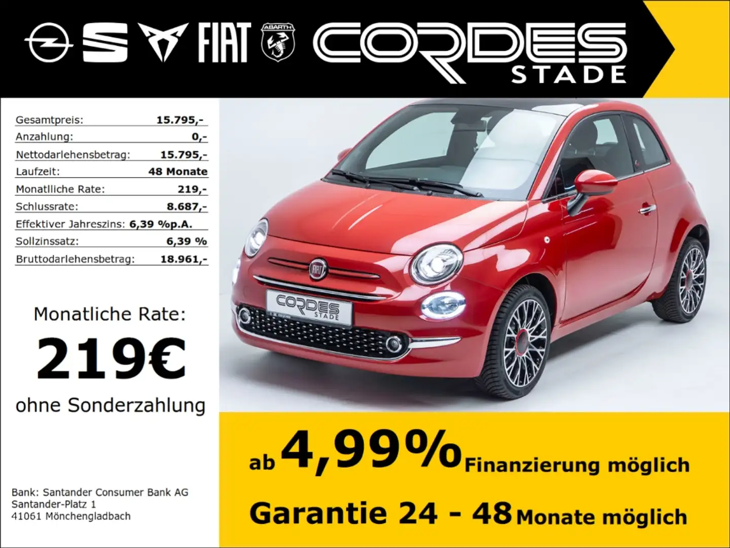 Fiat 500 Red 1.0 Mild Hybrid Klima PDC Navi (178) Rot - 1